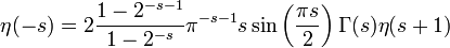 \eta(-s) = 2 \frac{1-2^{-s-1}}{1-2^{-s}} \pi^{-s-1} s \sin\left({\pi s \over 2}\right) \Gamma(s)\eta(s+1)
