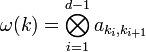 \omega(k) = \bigotimes_{i=1}^{d-1} a_{k_i, k_{i+1}}