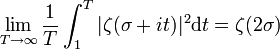 \lim_{T \rightarrow \infty}\frac1{T}\int_1^T|\zeta(\sigma+it)|^2 \mathrm dt=\zeta(2\sigma)