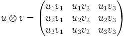 u\otimes v =\begin{pmatrix}
u_1 v_1 & u_1 v_2 & u_1 v_3 \\
u_2 v_1 & u_2 v_2 & u_2 v_3 \\
u_3 v_1 & u_3 v_2 & u_3 v_3 \\
\end{pmatrix}