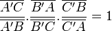 \dfrac{\overline{A'C}}{\overline{A'B}}.\dfrac{\overline{B'A}}{\overline{B'C}}.\dfrac{\overline{C'B}}{\overline{C'A}}=1 