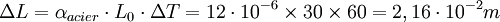  \Delta L = \alpha_{acier} \cdot L_0 \cdot \Delta T = 12 \cdot 10^{-6} \times 30 \times 60 = 2,16\cdot 10^{-2} m