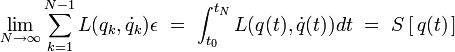\lim_{N\to\infty} \sum_{k=1}^{N-1} L(q_k,\dot{q}_k) \epsilon \ = \ \int_{t_0}^{t_N} L(q(t),\dot{q}(t)) dt \ = \ S \left[ \, q(t) \, \right]