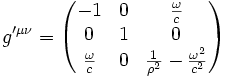 g'^{\mu\nu}=\begin{pmatrix} -1 & 0 & \frac{\omega}{c} \\ 0 & 1 & 0 \\ \frac{\omega}{c} & 0 & \frac{1}{\rho^2}-\frac{\omega^2}{c^2}\end{pmatrix}