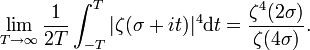 \lim_{T \rightarrow \infty}\frac1{2T}\int_{-T}^T|\zeta(\sigma+it)|^4 \mathrm dt=\frac{\zeta^4(2\sigma)}{\zeta(4\sigma)}.