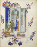 La vierge à un pupitre et l'ange Gabriel dans un bâtiment gothique