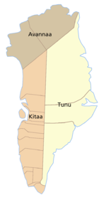 Carte du Groenland indiquant les limites des comtés. Avannaa est mis en évidence en brun, au nord de l'île.
