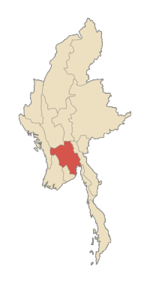 Localisation de la Région de Bago (en rouge) à l'intérieur de la Birmanie.