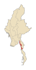 Localisation de l'État Môn (en rouge) à l'intérieur de la Birmanie.