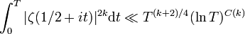 \int_0^T|\zeta(1/2+it)|^{2k} \mathrm dt \ll T^{(k+2)/4}(\ln T)^{C(k)}