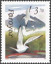 représentation d'un timbre des îles Féroé comportant deux sternes, une en vol et une au sol ailes déployées, avec comme fond une montagne