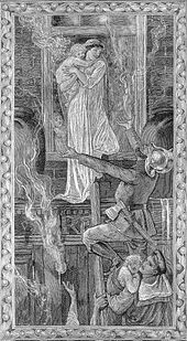 Gravure en noir et blanc stylisée dans le style de Edward Burne-Jones. Une femme pose héroïquement dans une large robe blanche, debout à la fenêtre et tenant un enfant dans ses bras. Un pompier grimpe à une échelle, à peu près au niveau de la fenêtre, tendant les bras pour l'attraper. Un marin de la Royal Navy en uniforme, plus bas sur l'échelle, tient un enfant dans ses bras.
