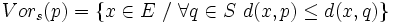 Vor_s(p)=\{ x \in E\  /\  \forall q \in S\  d(x,p) \le d(x,q) \}