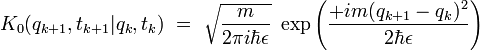 K_0(q_{k+1},t_{k+1}|q_{k},t_{k}) \ = \ \sqrt{\frac{m}{2 \pi i  \hbar \epsilon}} \ \exp \left( \frac{ + i m(q_{k+1}-q_k)^2}{2 \hbar \epsilon}  \right)