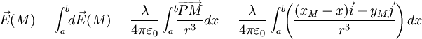 \vec {E}(M)=\int_a^b\!\! d\vec{E}(M)=\frac{\lambda}{4\pi\varepsilon_0}\int_a^b \!\!\frac{\overrightarrow{PM}}{r^3} dx =\frac{\lambda}{4\pi\varepsilon_0}\int_a^b\!\!\left(\frac{(x_M-x)\vec {i}+y_M\vec {j}}{r^3}\right) dx