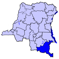 Localisation du Haut-Katanga (en bleu foncé) à l'intérieur de la République démocratique du Congo
