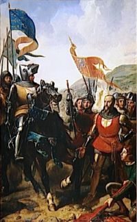 Jean de Grailly (à droite), se rend à du Guesclin lors de la bataille de Cocherel.