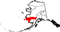 Carte situant la région de recensement de Bethel (en rouge) dans l'État d'Alaska