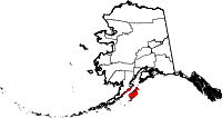 Carte situant le borough de l'île Kodiak (en rouge) dans l'État d'Alaska