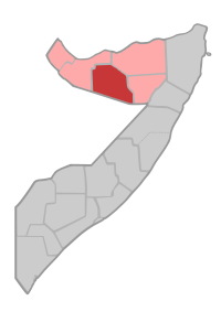 Localisation de la région de Togdheer (en rouge) à l'intérieur de la Somalie