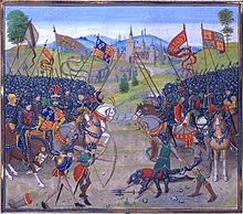 Enluminure représentant sur la gauche l'armée de Pierre Ier de Castille et le Prince noir, à droite celle de Henri de Trastamare et Bertrand Du Guesclin.