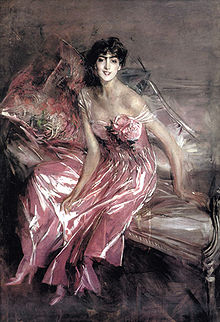 Photographie d'une peinture représentant une dame vêtue d'une robe rose