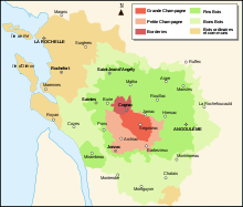 Carte des différentes zones de production du Cognac et du Pineau dans les deux Charentes : Meschers est en bons bois