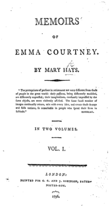 Le texte dit "MEMOIRS OF EMMA COURTNEY. BY MARY HAYS. "The perceptions of persons in retirement are very different from those of people in the great world: their passions, being differently modified, are differently expressed; their imaginations, constantly impressed by the same objects, are more violently affected. The same small number of images continually return, mix with every idea, and create those strange and false notions, so remarkable in people who spend their lives in solitude." ROUSSEAU. IN TWO VOLUMES. VOL. I. London: Printed for C.G. and J. ROBINSON, PATER-NOSTER-ROW, 1796."