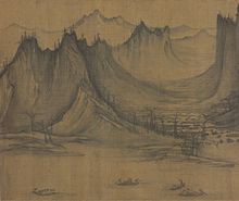 La peinture contient en arrière plan un paysage de montagnes escarpées, parsemées d'arbres. En avant-plan, des embarcations de pêcheurs naviguent sur un fleuve.