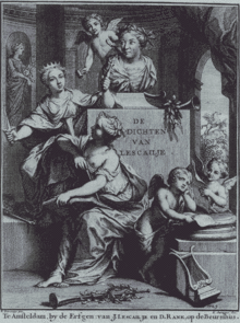 Frontispice, gravé par N. Verkolje, des œuvres complètes de Katharyne Lescailje (1731).  Le buste au milieu représente Katharina comme dixième muse