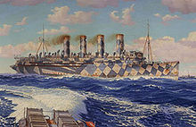 Peinture représentant le RMS Mauretania, avec son camouflage composé de losanges bleus et blancs.