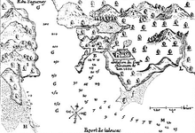 Gravure représentant Tadoussac et son poste de traite cartographié par Samuel de Champlain en 1615.