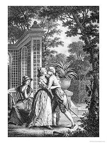 Gravure en noir et blanc d'un baiser entre un homme et une femme debout dans un jardin, avec un pavillon en arrière-plan. Les arbres entourent la scène et une femme sur une chaise regarde le couple. Il y a une urne contenant une plante à l'arrière-plan.