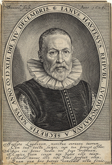Portrait gravé sur cuivre de Jan van Hout, 1608, par Willem van Swanenburgh ; suscription de Daniel Heinsius