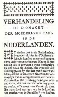 Première page de Verhandeling op d'onacht der moederlyke tael in de Nederlanden (l'Essai sur la méconnaissance de la langue maternelle dans les Pays-Bas, 1788) par Jan-Baptist Verlooy