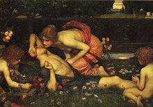 Sous baiser d'une jeune femme, un jeune homme allongé s'éveille, entouré d'anémones rouges et blanches que recueille un enfant