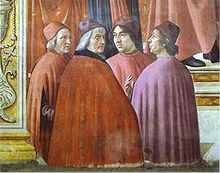 Marsile Ficin, Cristoforo Landino, Angelo Poliziano et Demetrios Chalkondyles. Détail d'une fresque (1486-1490) de la chapelle Santa Maria Novella à Florence.