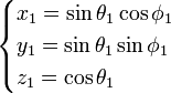 \begin{cases}
x_1 = \sin \theta_1 \cos\phi_1\\
y_1 = \sin \theta_1 \sin\phi_1\\
z_1 = \cos\theta_1
\end{cases}