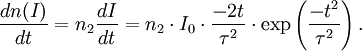 \frac{dn(I)}{dt} = n_2 \frac{dI}{dt} = n_2 \cdot I_0 \cdot \frac{-2 t}{\tau^2} \cdot \exp\left(\frac{-t^2}{\tau^2} \right).