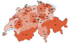 carte de la suisse divisées en cantons, elle permet de visualiser les variations de tailles importantes entre les cantons, la moitié du territoire étant couverte par quatres cantons, Berne, Grisons, Valais et Vaud