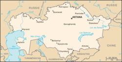 Carte politique du Kazakhstan ; la frontière entre les deux pays est située au nord du Kazakhstan.