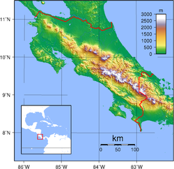 Carte topographique du Costa Rica avec la cordillère de Tilarán au nord-ouest face au golfe de Nicoya.