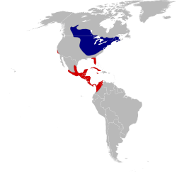 bleu: zone de nidification rouge: zone d'hivernage