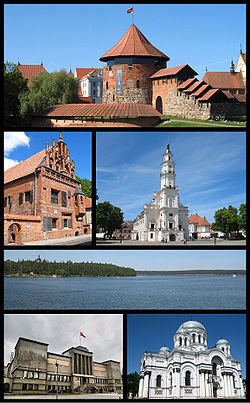 De haut en bas, de gauche à droite : la forteresse de Kaunas, la maison de Perkūnas, l'hôtel de ville, le réservoir de Kaunas, le musée militaire Vytautas le Grand, l'église Saint-Michel-Archange.