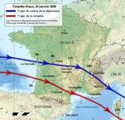 Klaus storm track - 20090124 - map-fr.svg