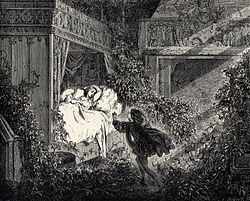 « Il vit sur un lit, dont les rideaux étaient ouverts de tous côtés, le plus beau spectacle qu'il eût jamais vu ».Illustration de 1867 de Gustave Doré