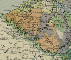 Les Pays-Bas autrichiens en 1786, coupés en deux par la Principauté de Liège.