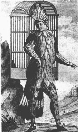 Dessin représentant Emanuel Schikaneder le premier Papageno. Page de couverture de l'édition originale du livret.