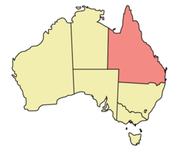 Localisation du Queensland (en rouge) à l'intérieur de l'Australie