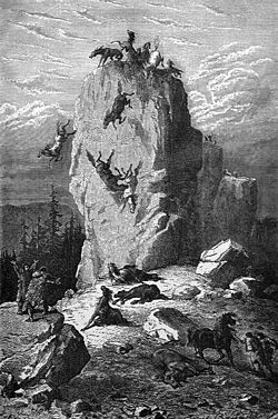 La chasse au cheval à Solutré,d'après une illustration de L'Homme primitif de L. Figuier, 1876